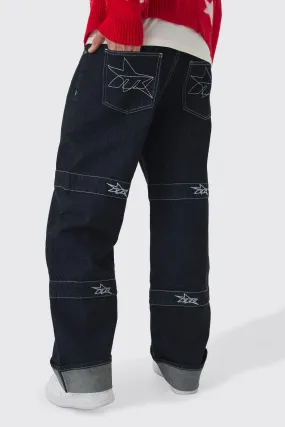 Relaxed Rigid Indigo Contrast Embroidered Strap Jeans