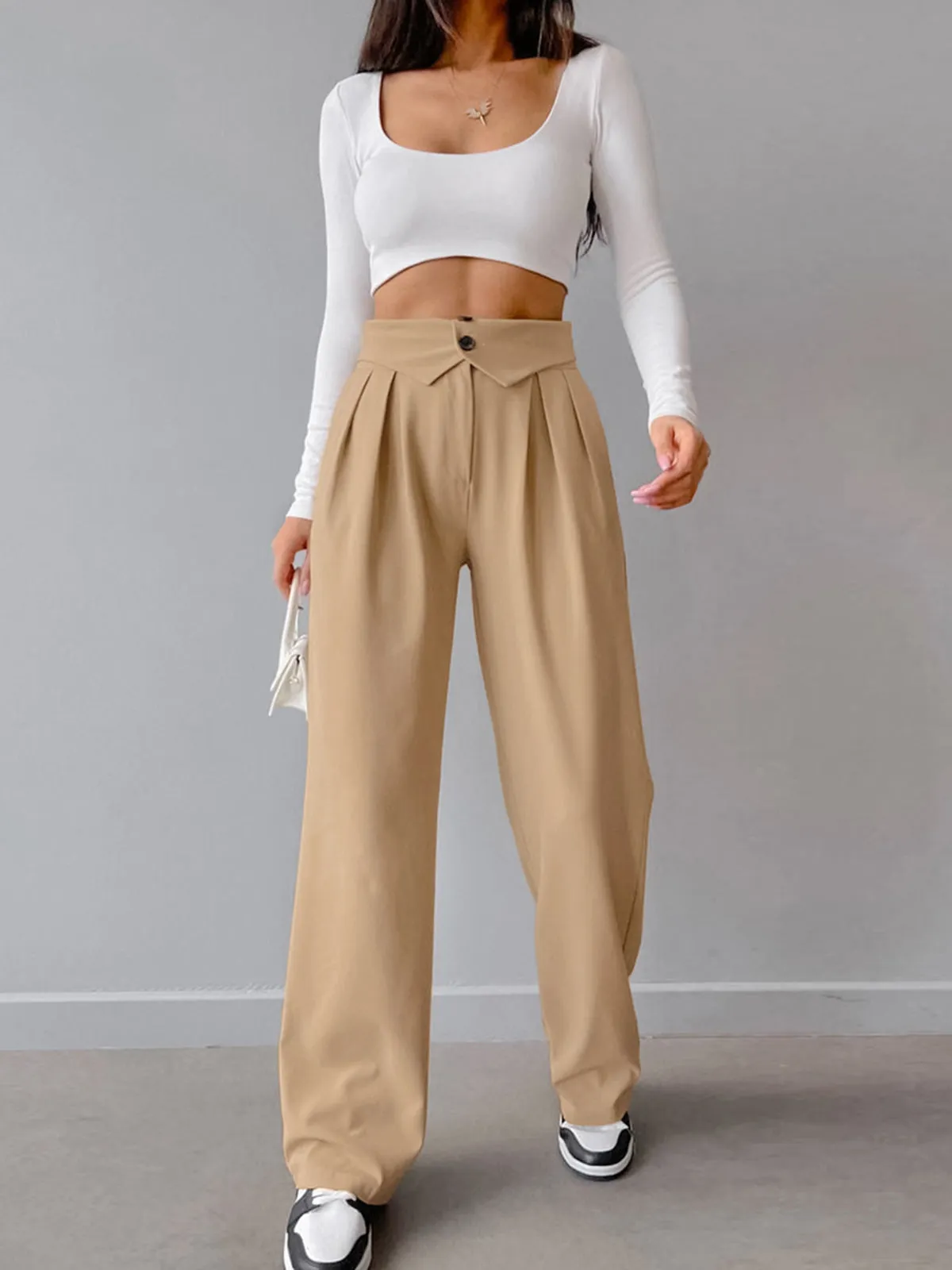 Street Fold Over Waistband Straight Leg Dress Pants