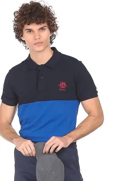 U.S. Polo Assn. Men Blue Cotton Colour Block Polo Shirt