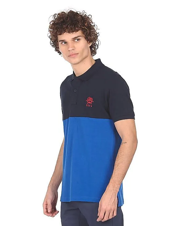 U.S. Polo Assn. Men Blue Cotton Colour Block Polo Shirt