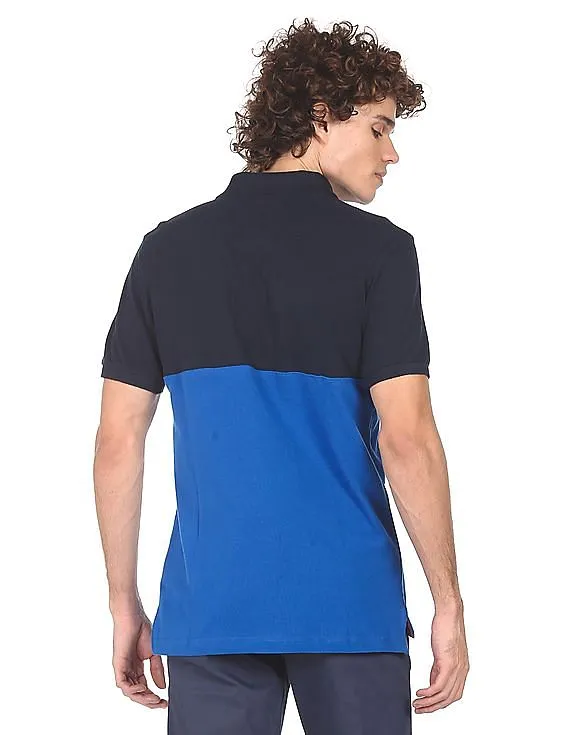 U.S. Polo Assn. Men Blue Cotton Colour Block Polo Shirt