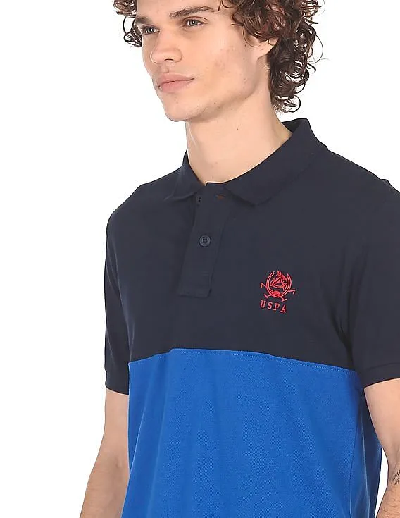 U.S. Polo Assn. Men Blue Cotton Colour Block Polo Shirt