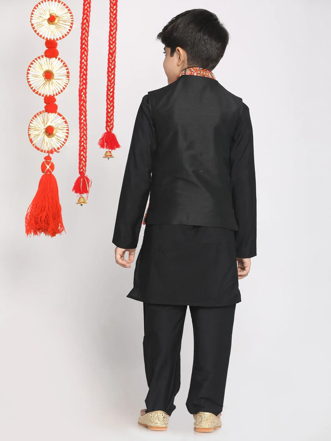 VASTRAMAY Boys' Orange And Black Jacket, Kurta and Pyjama Set