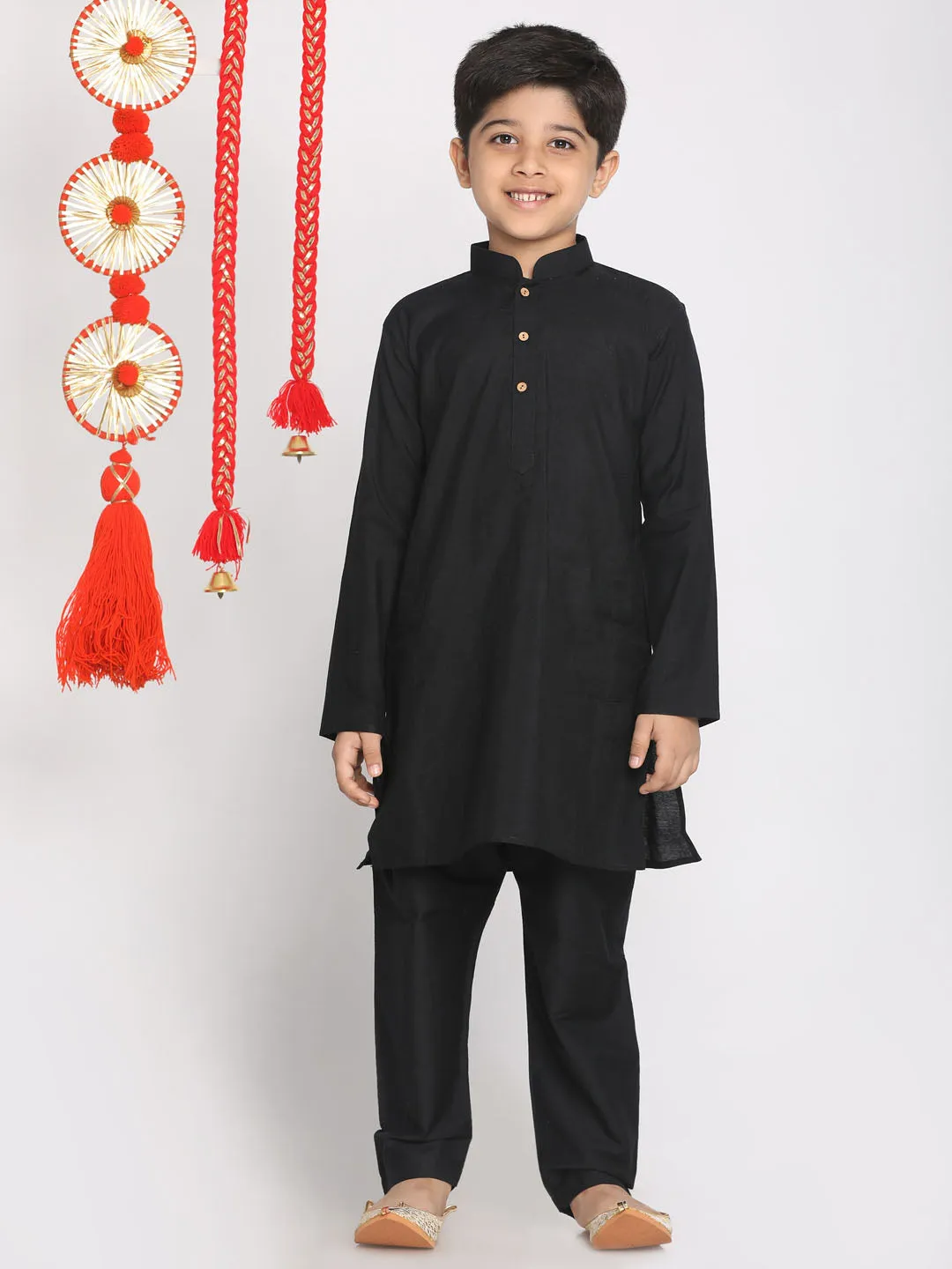 VASTRAMAY Boys' Orange And Black Jacket, Kurta and Pyjama Set