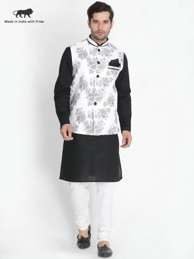 VASTRAMAY Men's Black Cotton Blend Kurta, Nehru Jacket and Pyjama Set