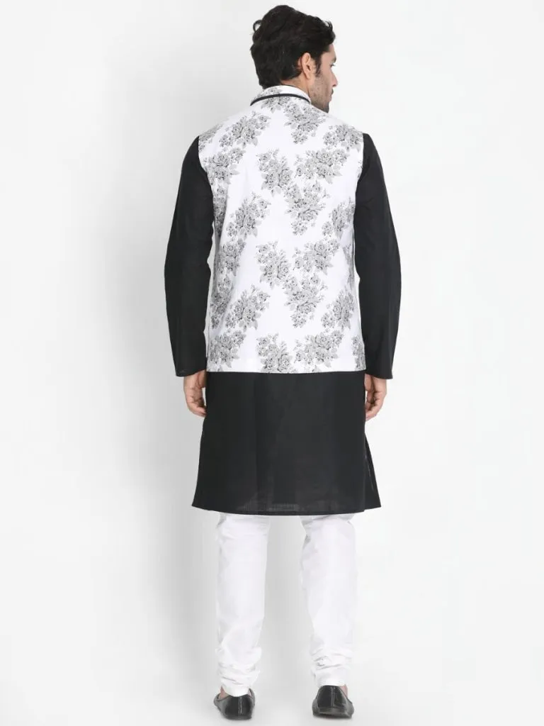 VASTRAMAY Men's Black Cotton Blend Kurta, Nehru Jacket and Pyjama Set