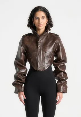 Vintage Leather Tacked Sleeve Corset Jacket - Brown