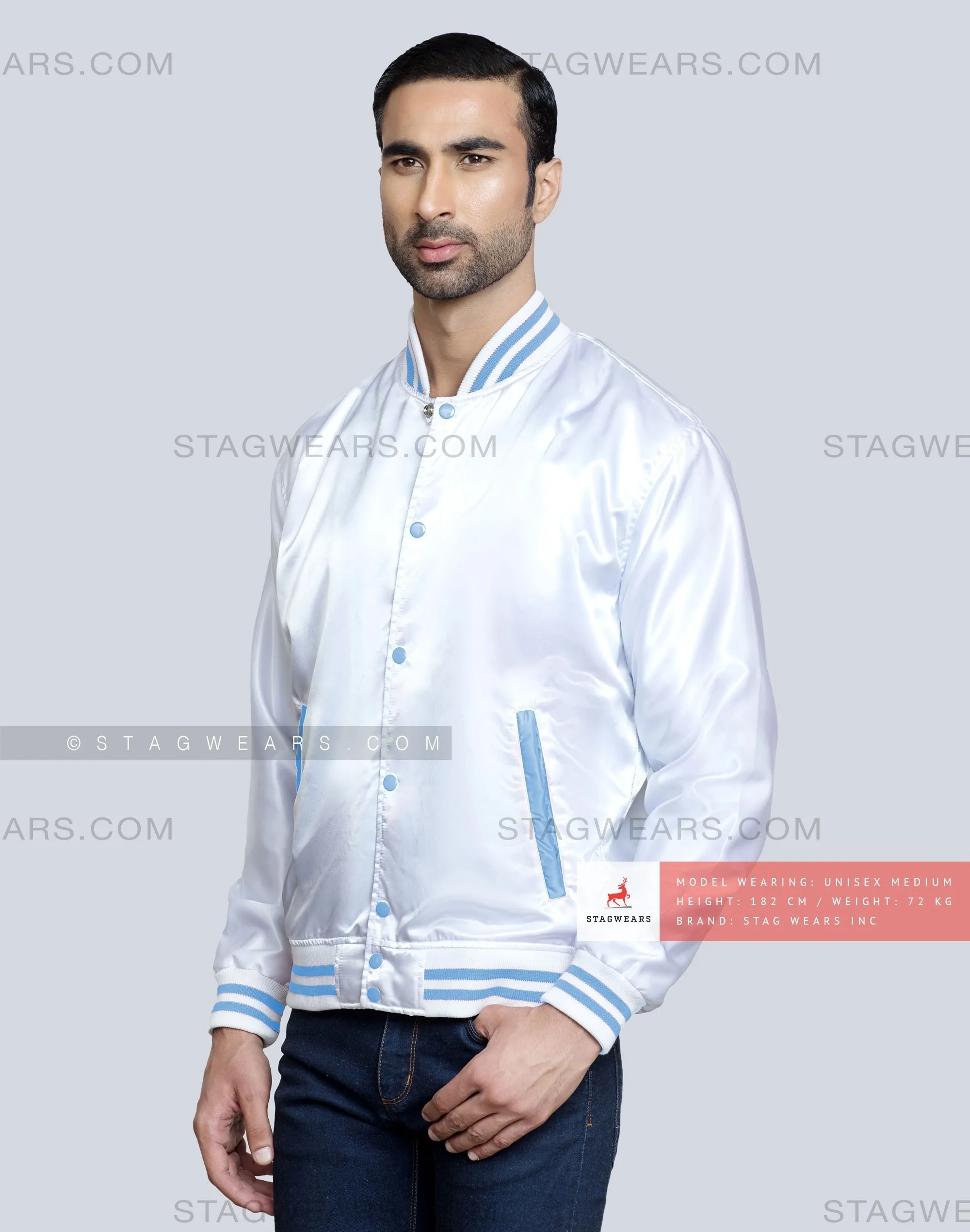 White Satin Baseball Jacket with Sky Blue pockets and Knit lines