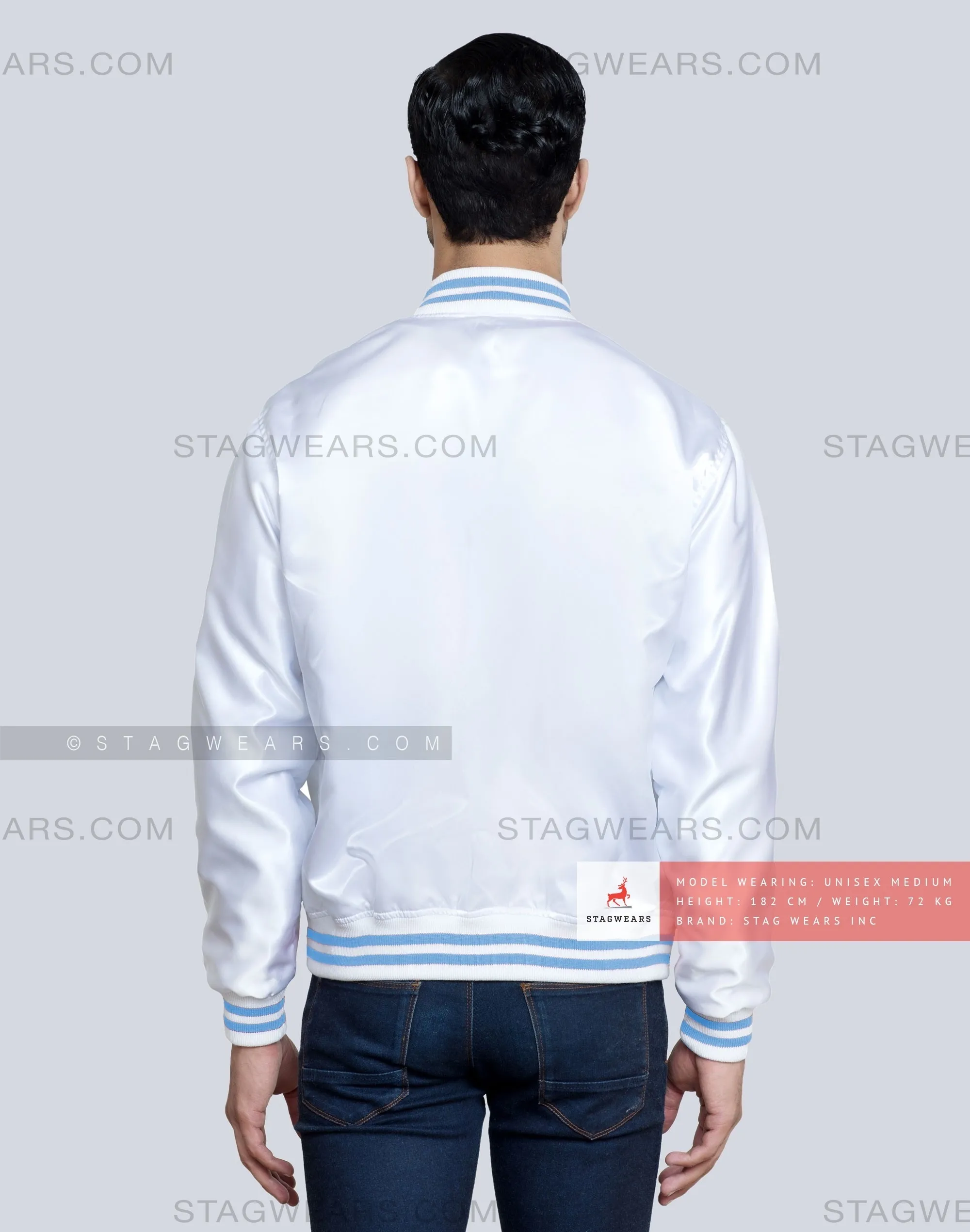 White Satin Baseball Jacket with Sky Blue pockets and Knit lines