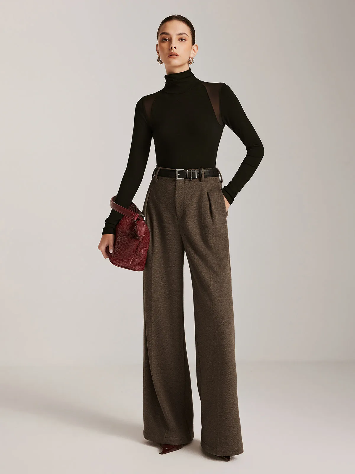 Wool-Blend Chevron Wide-Leg Pants Without Belt